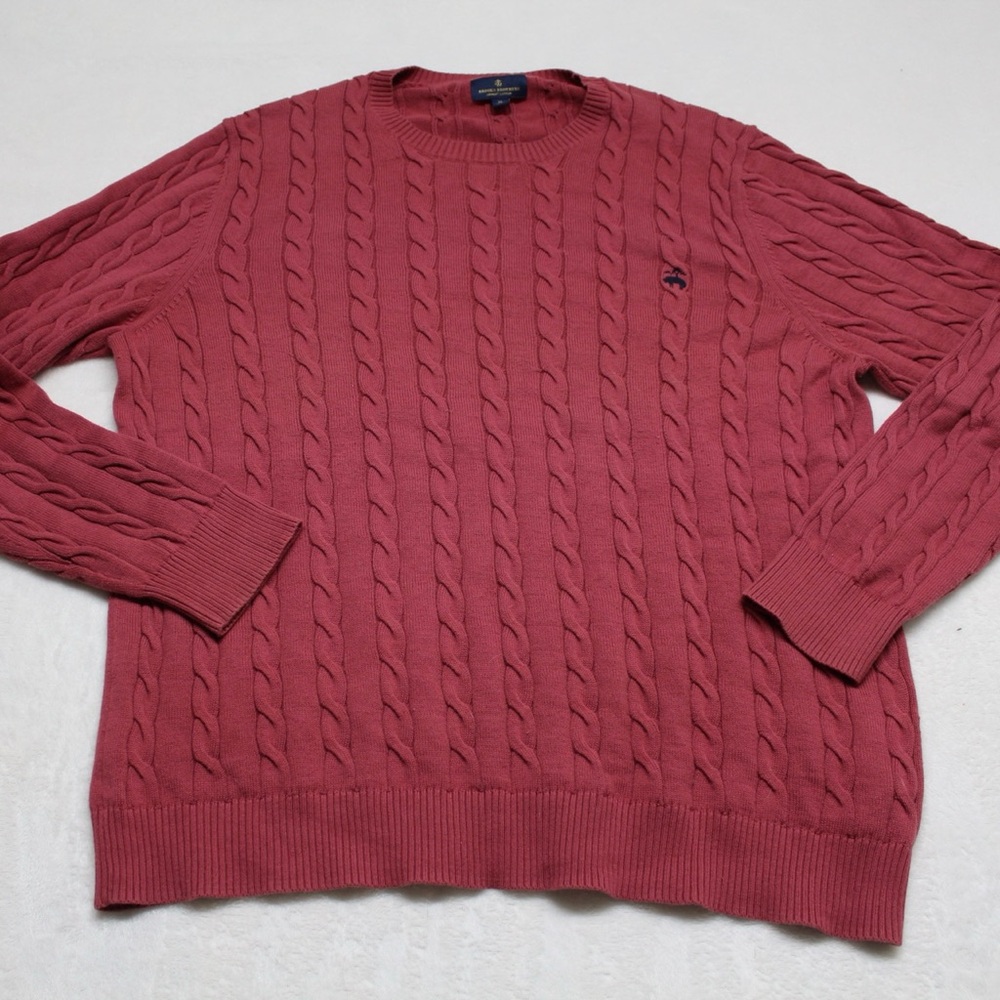 Brooks Brothers Men's Cable Knit Crewneck Sweater - Red Wine w/ Embroidered Logo